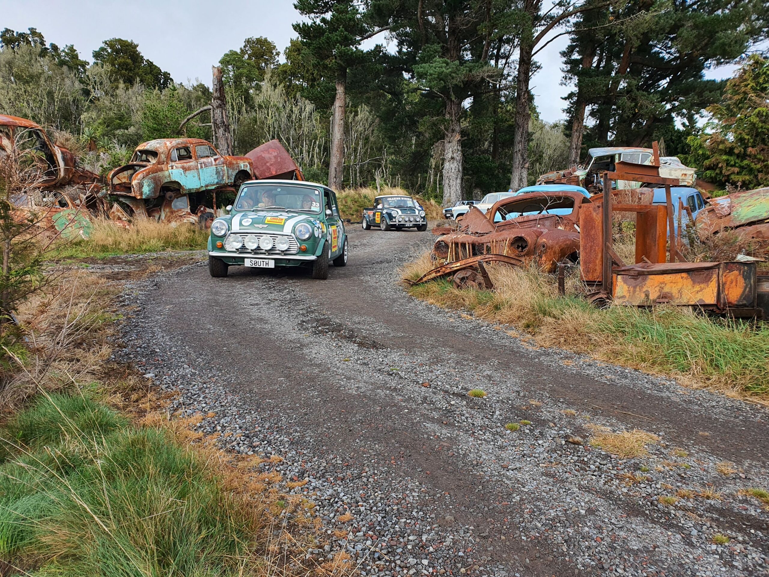 A group of classic Minis rolls through the grounds of Smash Palace Wreckers in Horopito as part of the 2025 Pork Pie Charity Run.