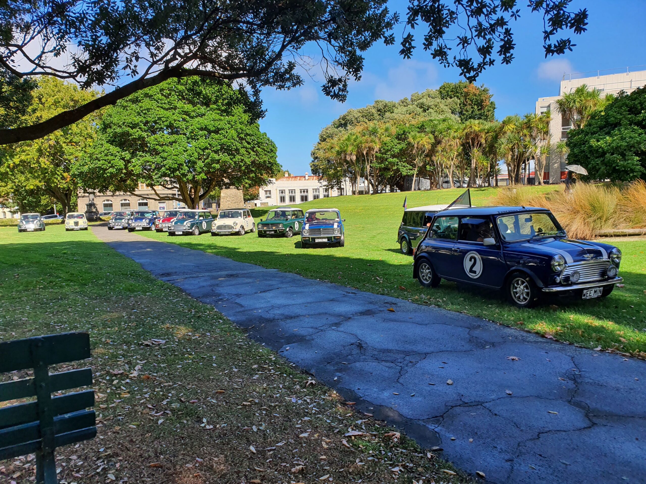Classic Minis gathered in the park in Whanganui as part of the 2025 Pork Pie Charity Run.