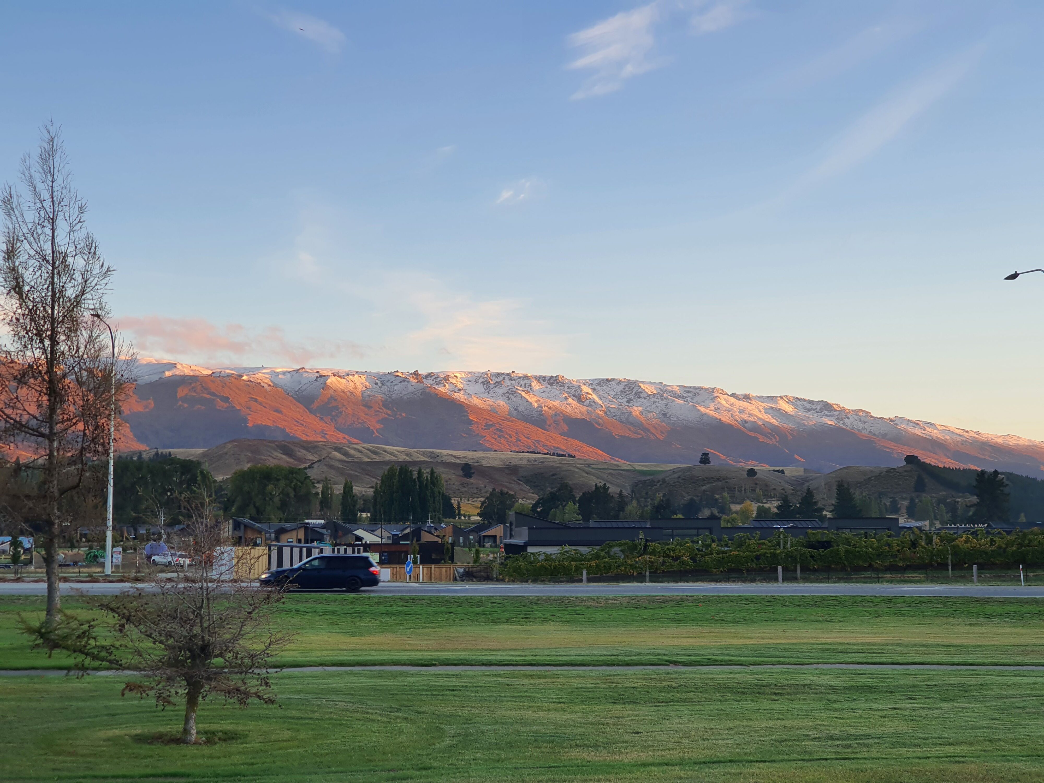 The sun rises over 'The Remarkables' in Cromwell on day six of the 2025 Pork Pie Charity Run.