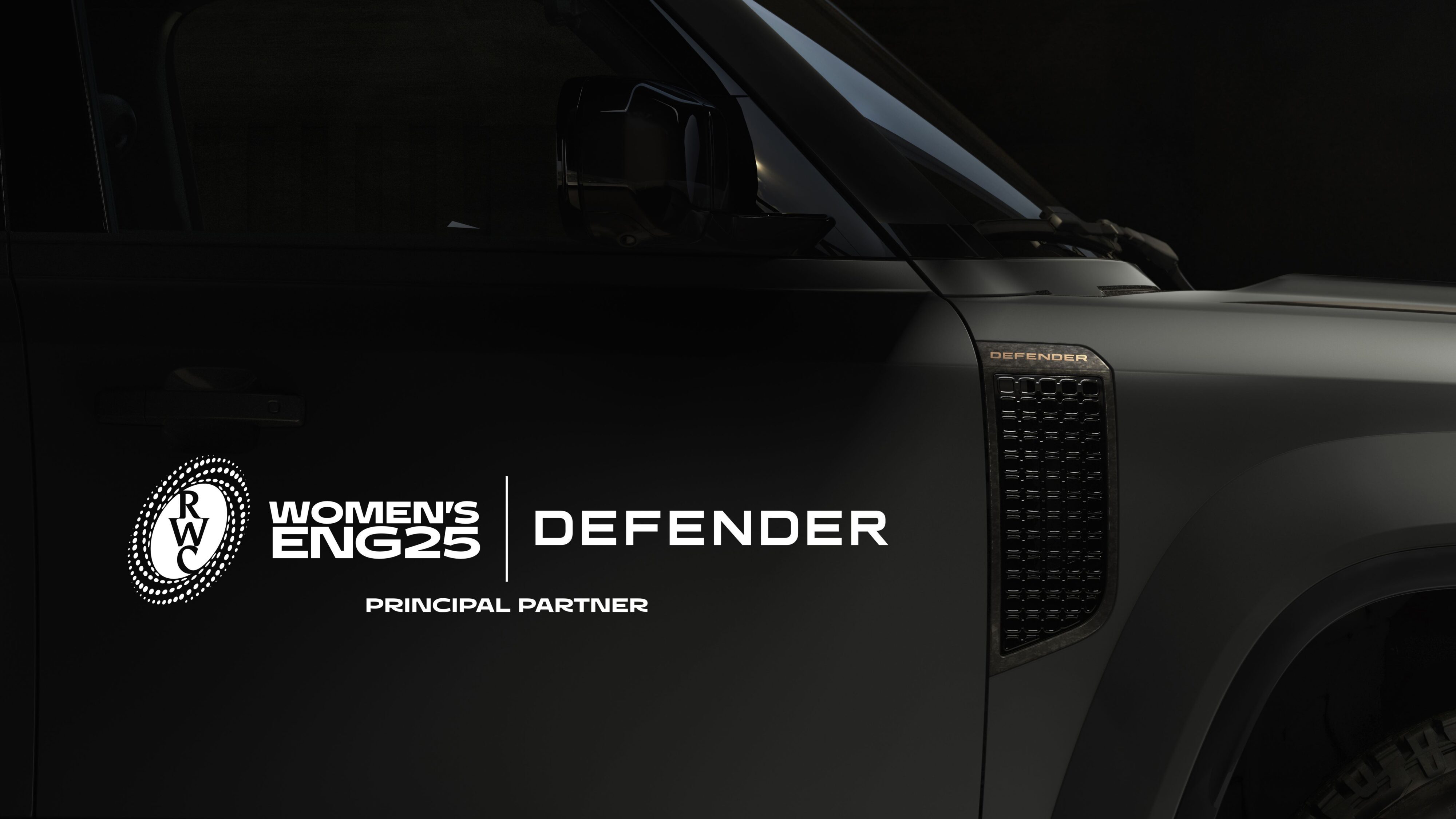 A promotional photo showing a Defender vehicle with text announcing the brand as Principal Partners for the Women's Rugby World Cup 2025.