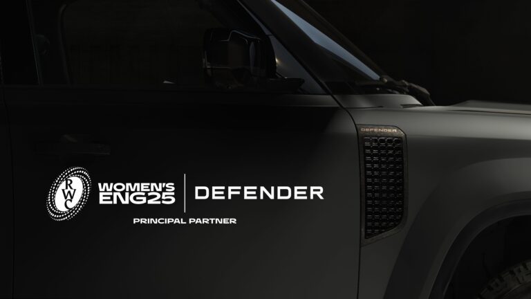 A promotional photo showing a Defender vehicle with text announcing the brand as Principal Partners for the Women's Rugby World Cup 2025.