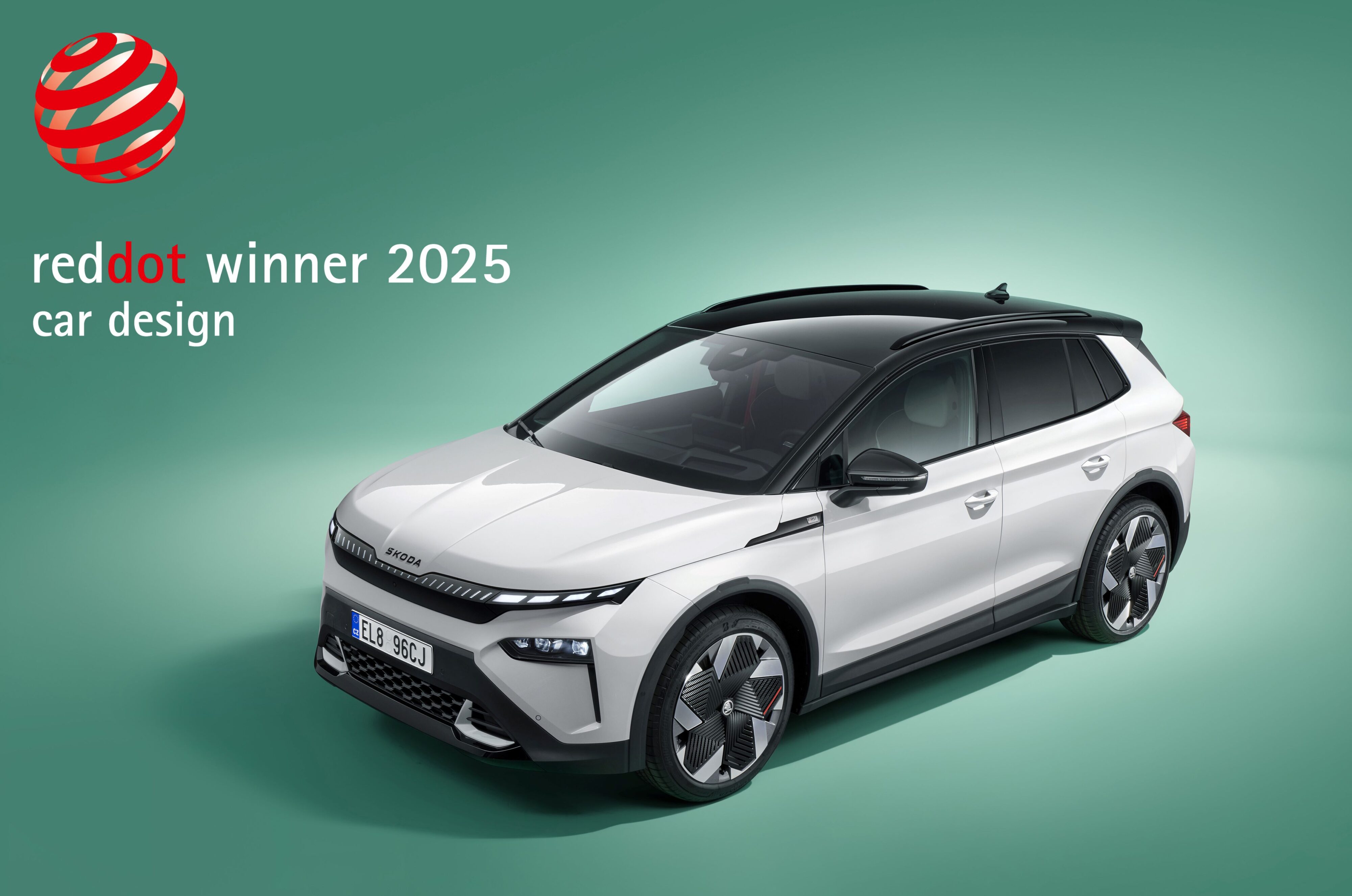 A photo of a white/black Skoda Elroq with its Red Design Awards 2025 stamp.