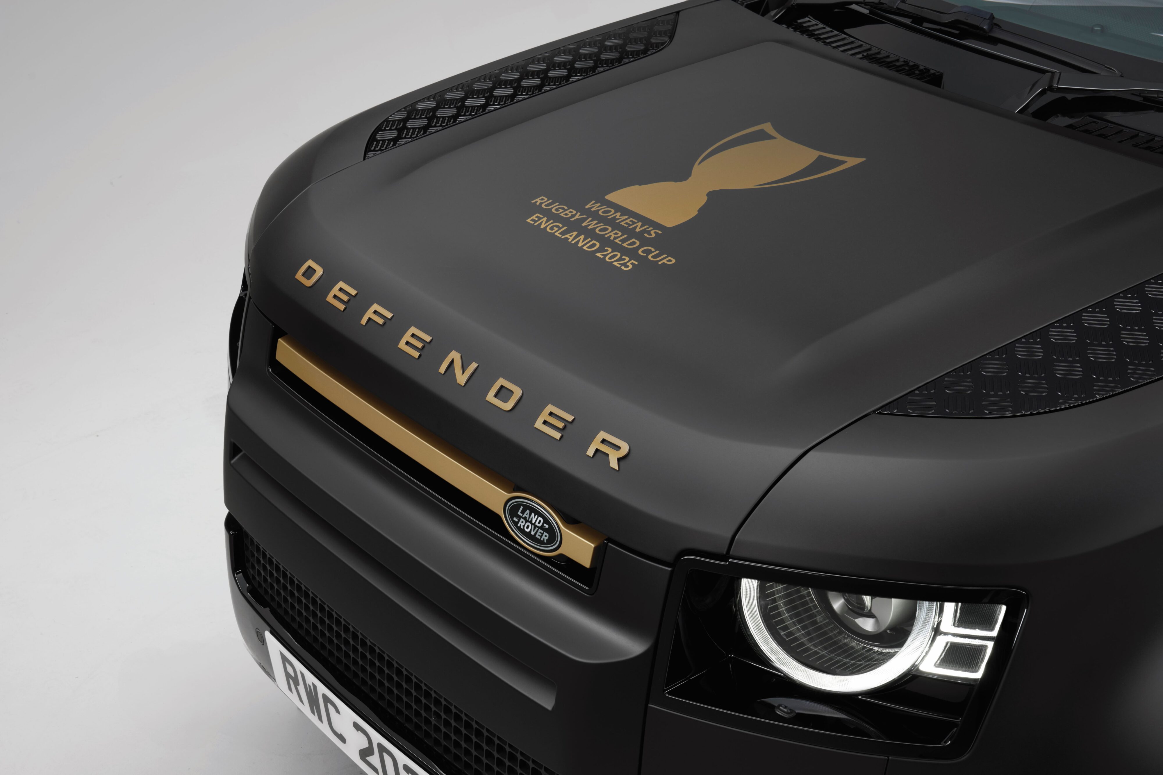 A view of the bonnet on the unique Defender 110 that will carry the Women's Rugby World Cup 2025 trophy across England.