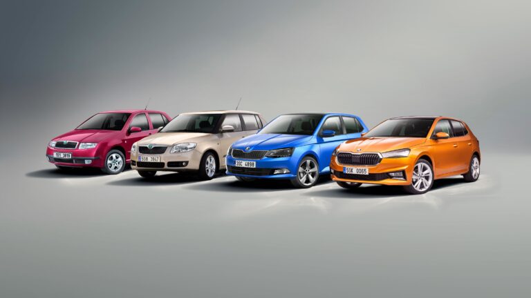 A photo of the four different generations of Skoda Fabias.