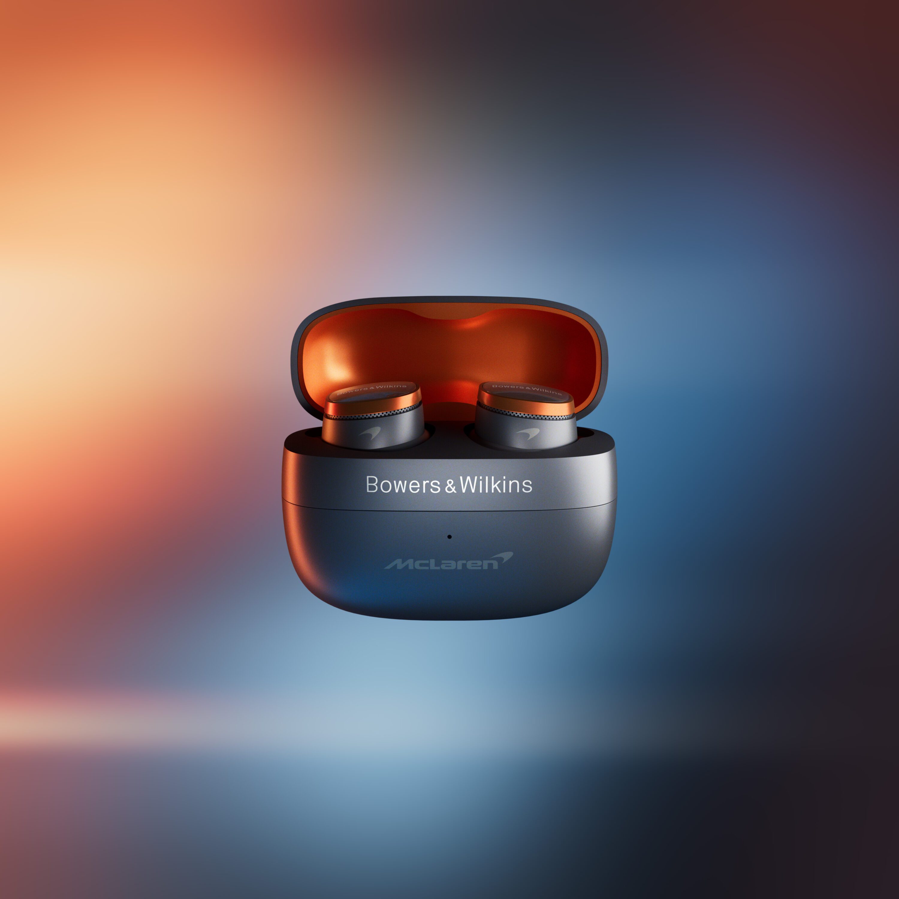 A photo of the Bowers & Wilkins Pi8 McLaren Edition wireless earbuds.