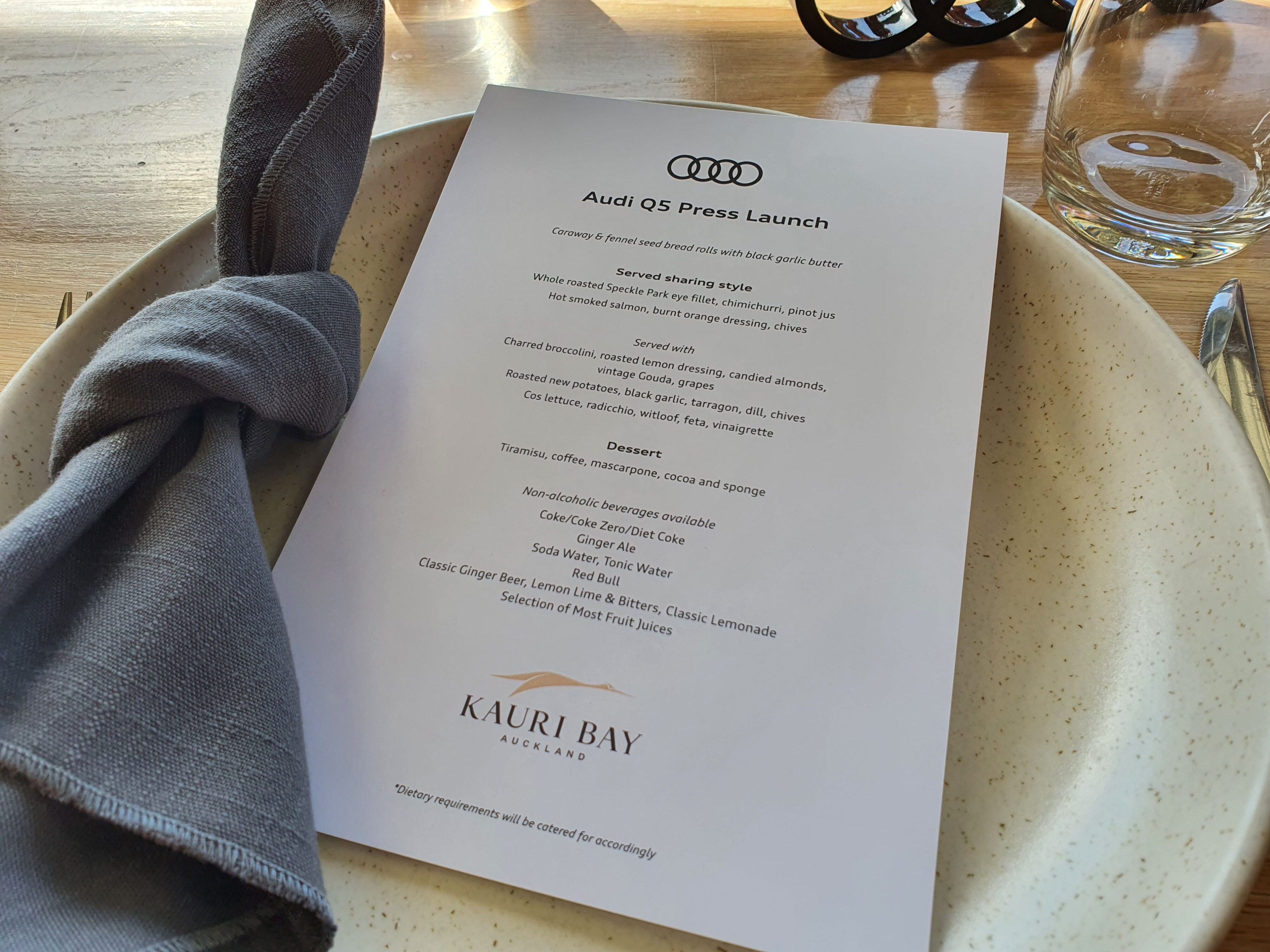 A photo of the set menu at Kauri Bay, taken on the launch of the 2025 Audi Q5 and SQ5 New Zealand launch.