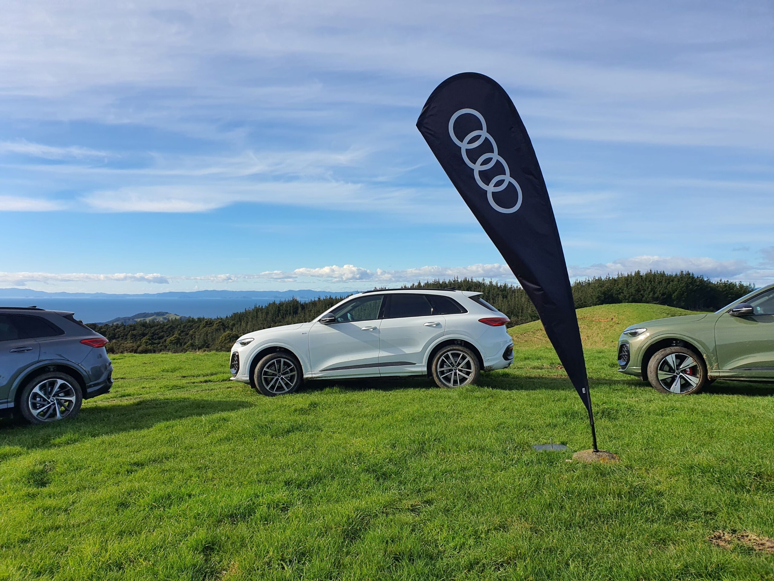 A photo of the side profile of a 2025 Audi Q5 S-Line in white, taken at the top of Kauri Bay on the New Zealand launch of the 2025 Audi Q5 and SQ5.