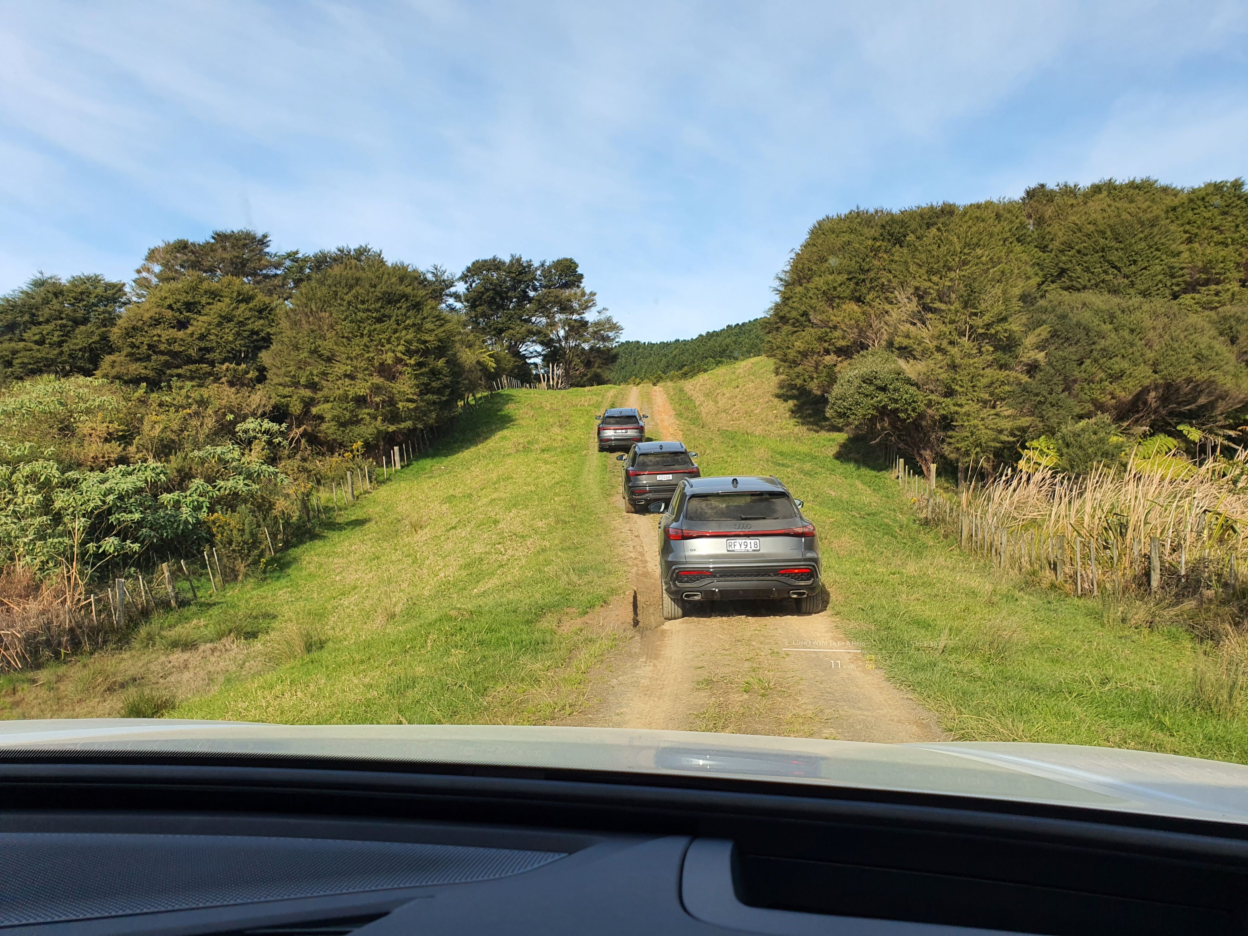 A photo of three 2025 Audi Q5s in a row on the off road trail at Kauri Bay, Auckland on the New Zealand launch of the 2025 Audi Q5.
