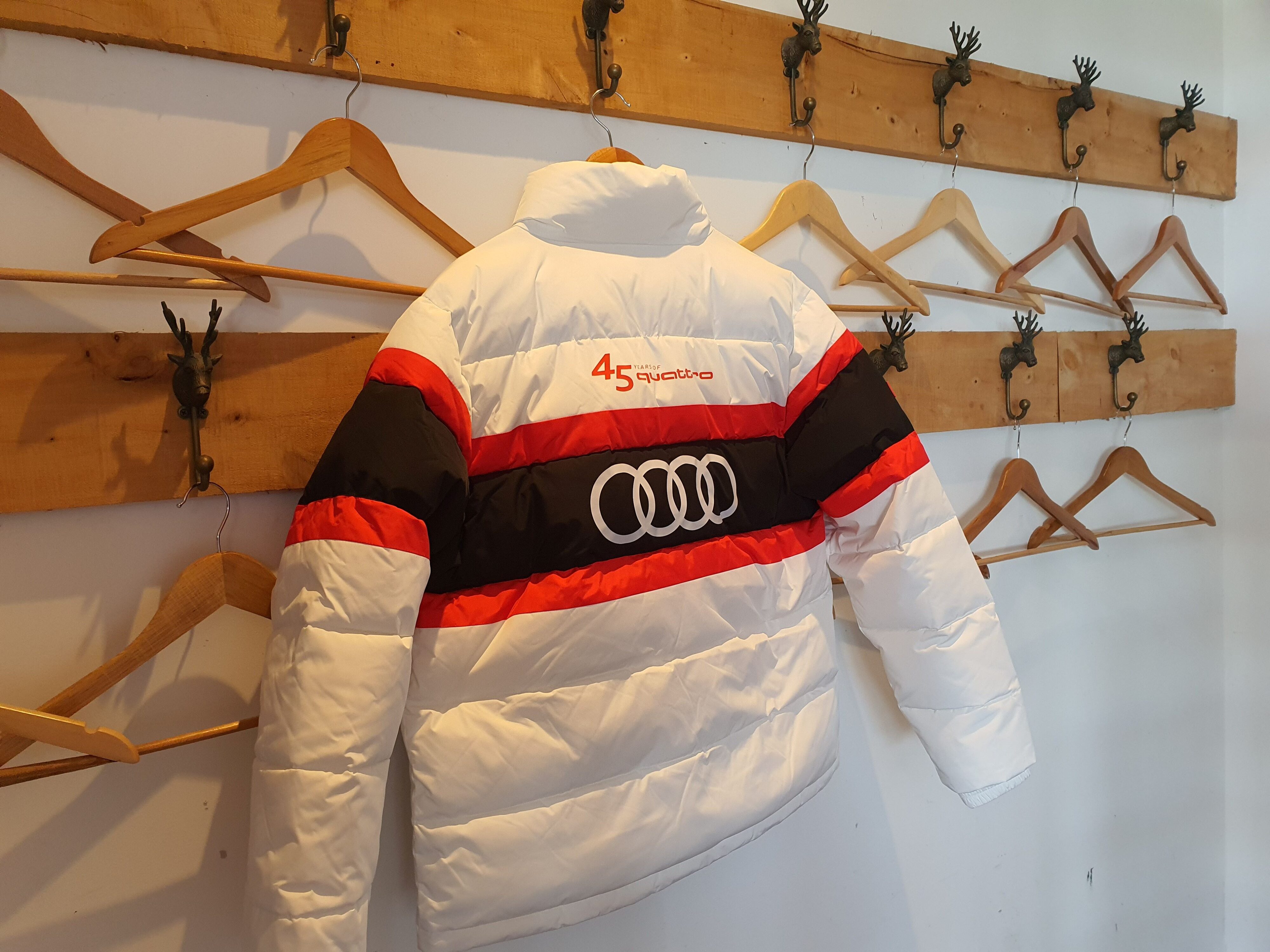 A photo of the 45 years of Audi Quattro special edition Huffer Puffer jacket taken on the launch of the 2025 Audi Q5 and SQ5 at Kauri Bay.