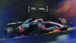 A promotional photo of a BWT Alpine F1 Team car with the 'From Future' label visible.