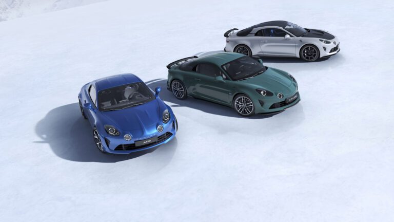 A photo of the 2025 Alpine A110 range feature an A110, A110 GTS and A110 R70.