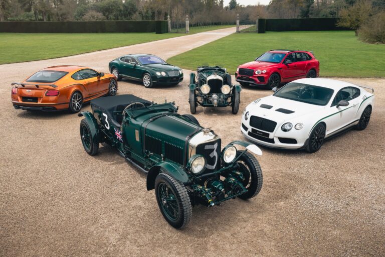 A photo of a collection of rare Bentleys with a green Blower front and centre.