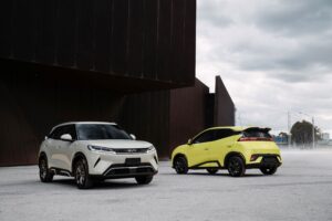 A photo of a BYD Atto 1 and 2 with the latter in the foreground.