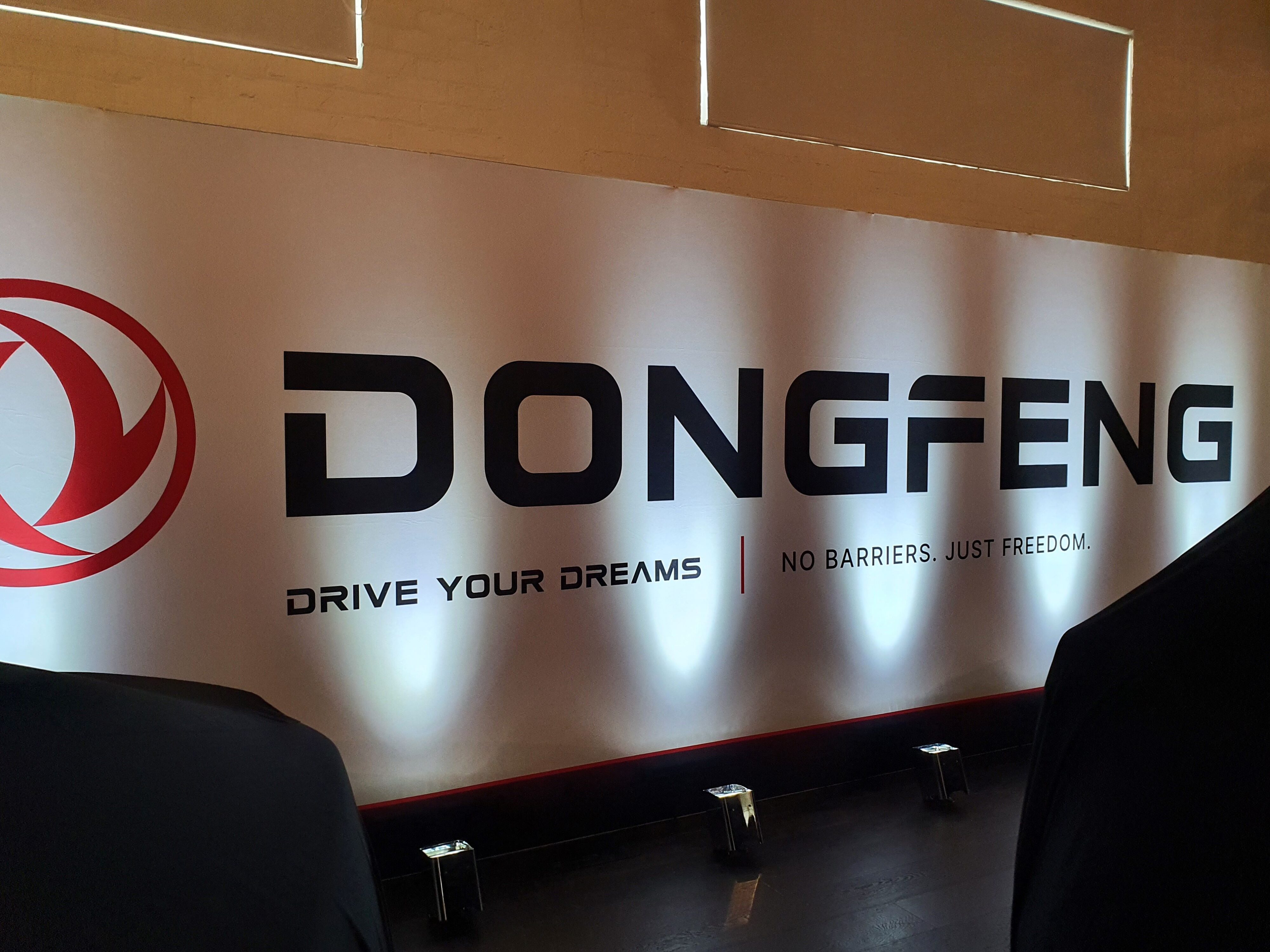 A photo of the Dongfeng branding at the 2025 New Zealand launch of the Dongfeng Motors brand and Box EV.
