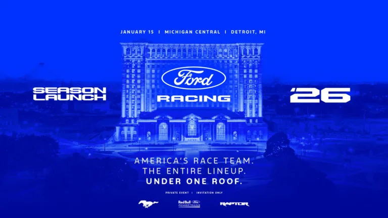A promo photo of the Ford Racing Season Opener with Michigan Central Station in the background.