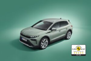 A promotional photo of the Skoda Elroq with a badge showing its Euro NCAP 5-star safety rating.