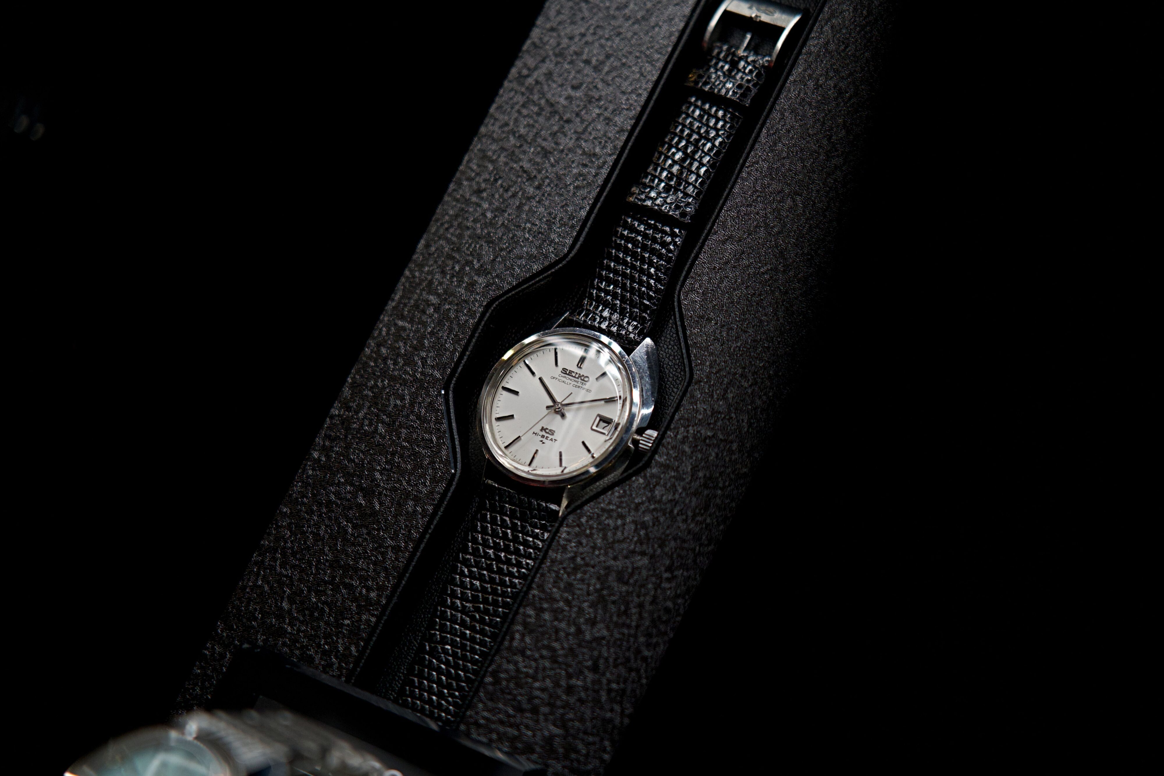 A photo of a classic King Seiko from the Seiko Museum in Japan at the New Zealand launch of the King Seiko Vanac at Otto Restaurant on K' Road.