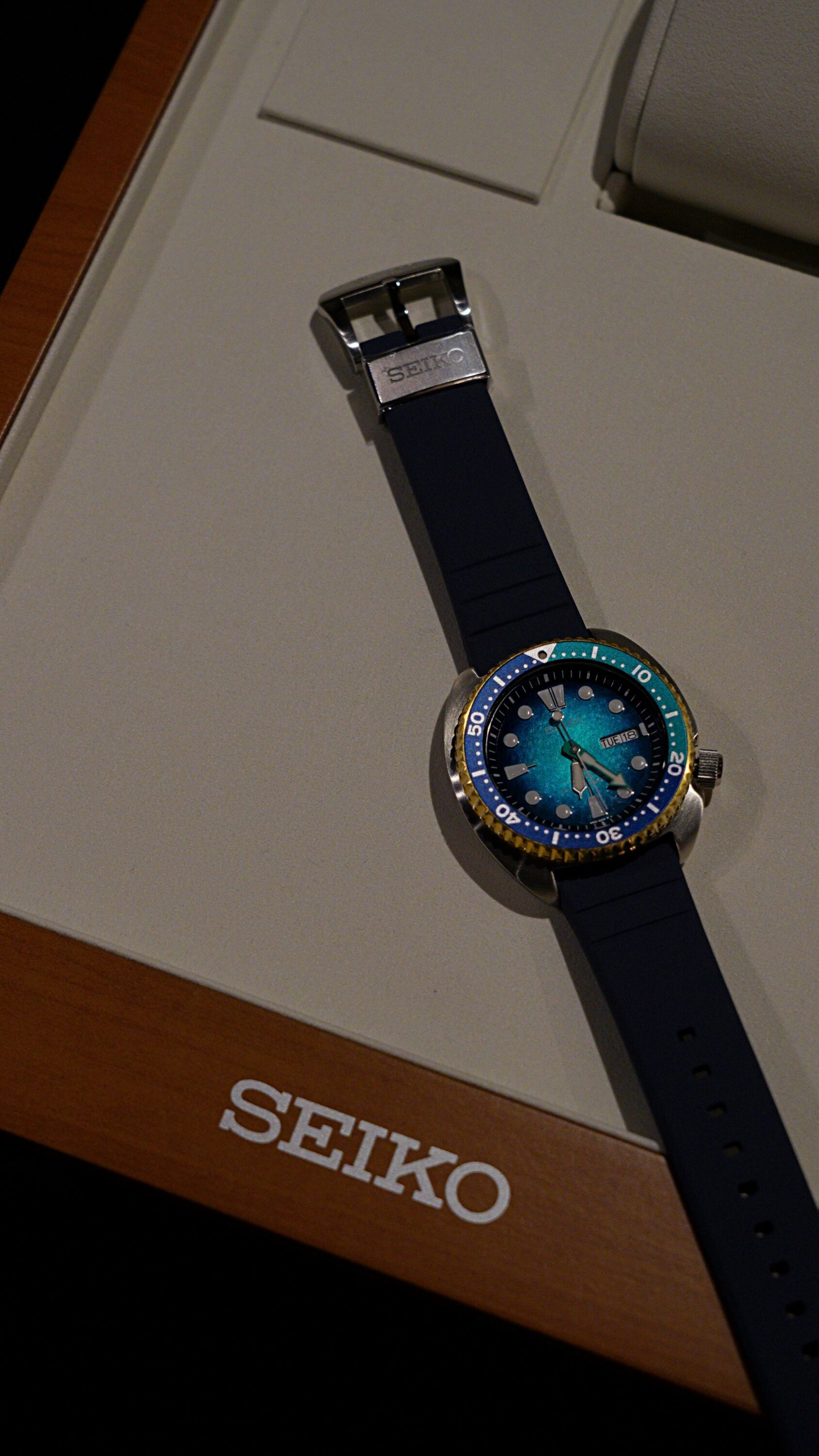 A photo of the Seiko Prospex 'Kame' at the New Zealand launch of the King Seiko Vanac at Otto Restaurant on K' Road.