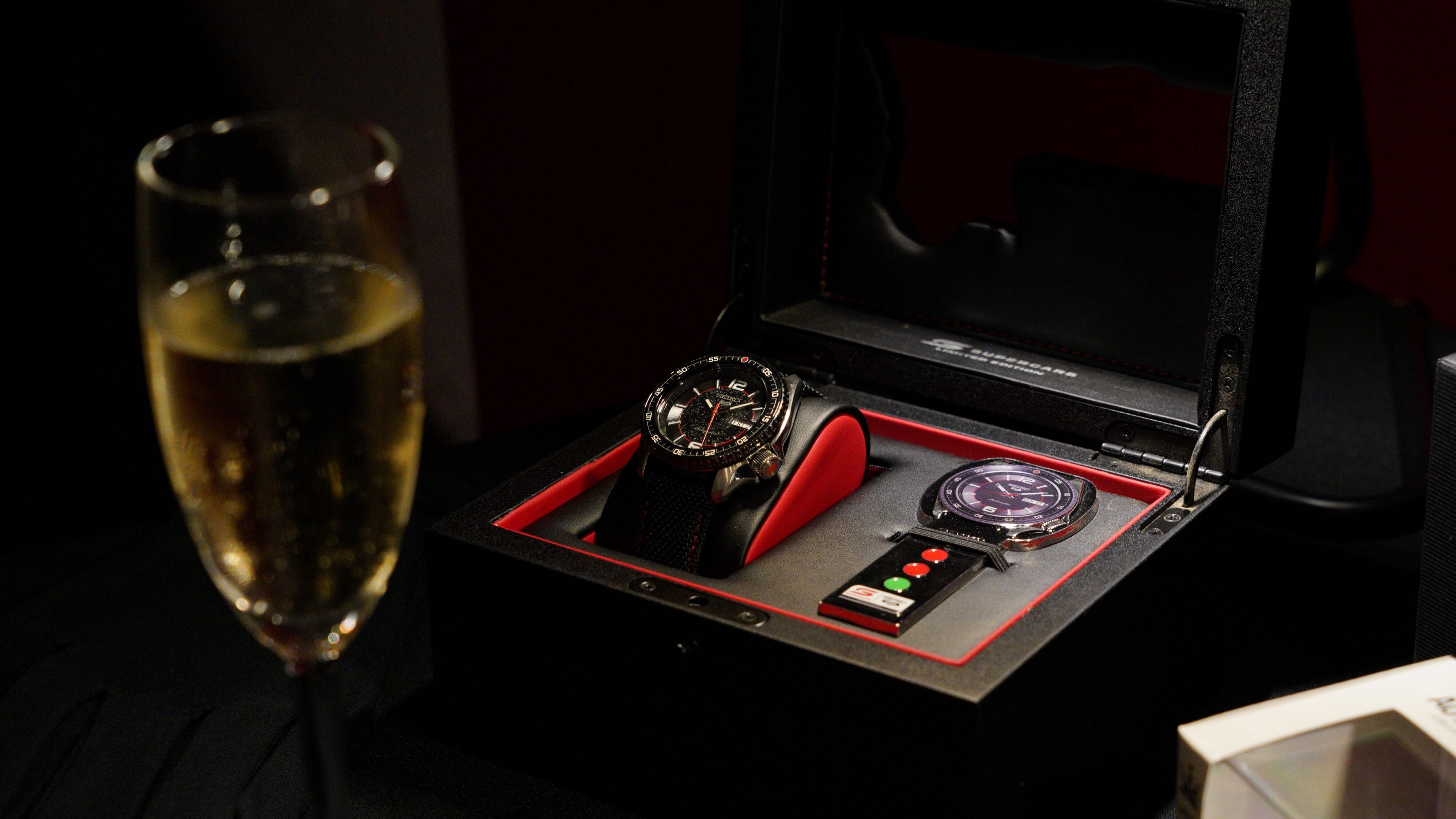 A photo of a Seiko 5 Supercars Edition at the Zealand launch of the King Seiko Vanac at Otto Restaurant on K' Road.