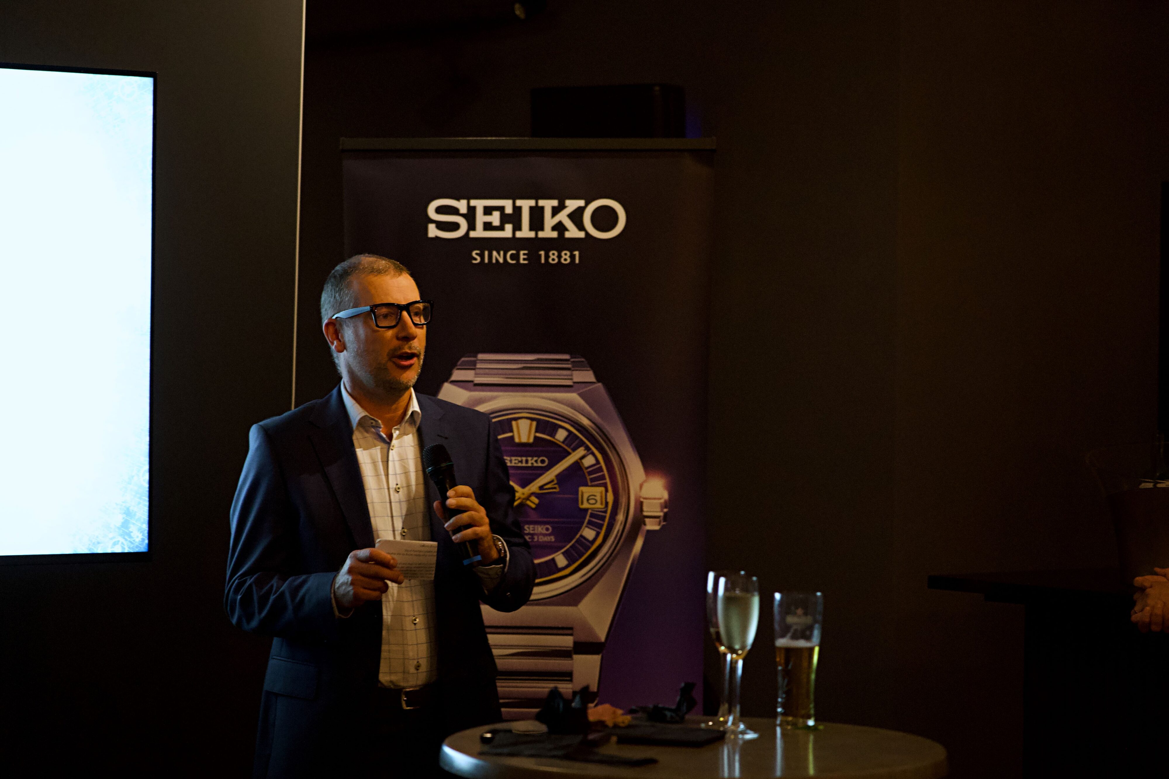 A photo of David Keefe (David Keefe Jewelers) speaking at the Zealand launch of the King Seiko Vanac at Otto Restaurant on K' Road.