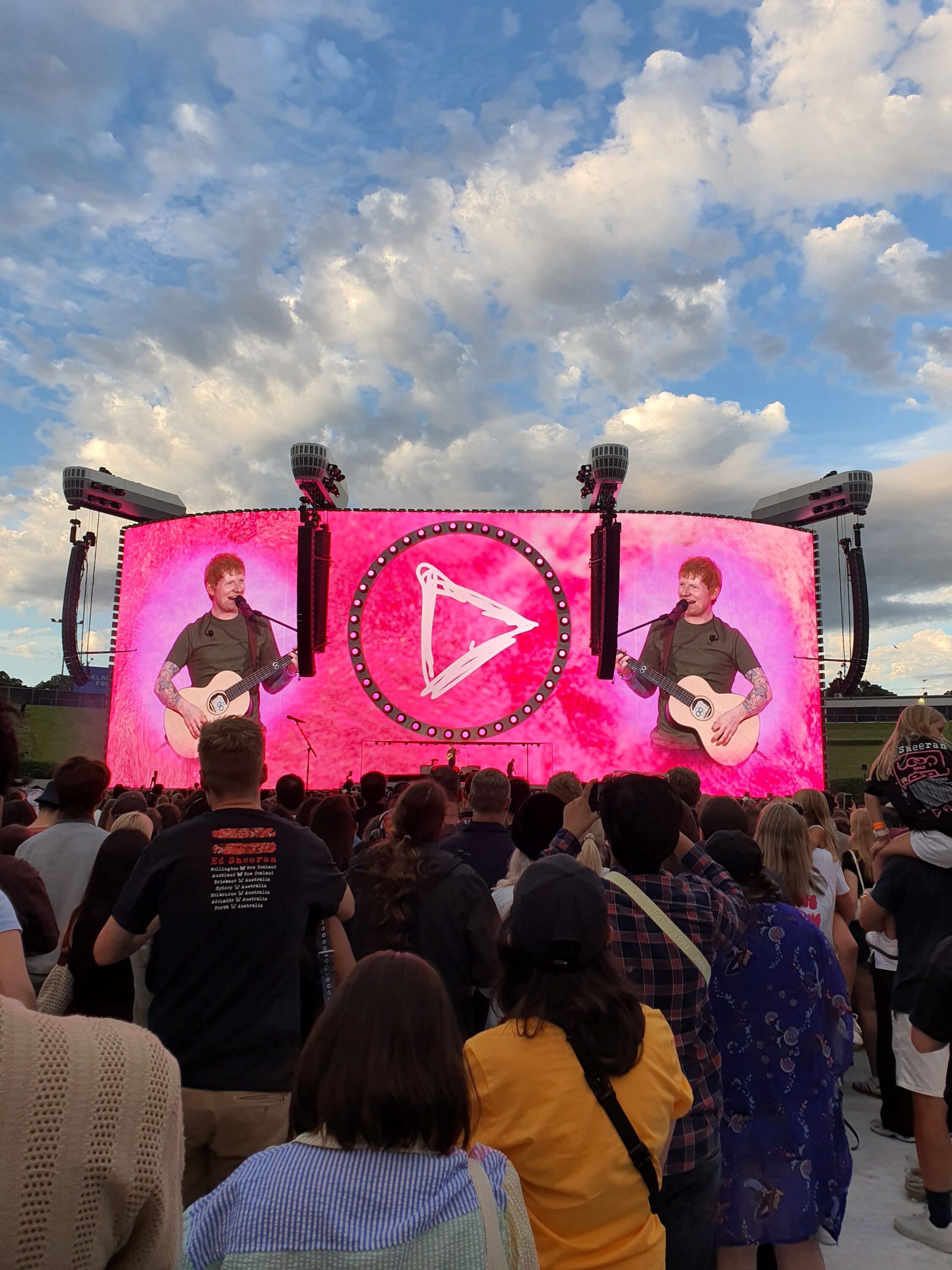 Photo of Ed Sheeran on stage/screen during the 2026 Loop Tour at Go Media Stadium in Auckland, New Zealand.