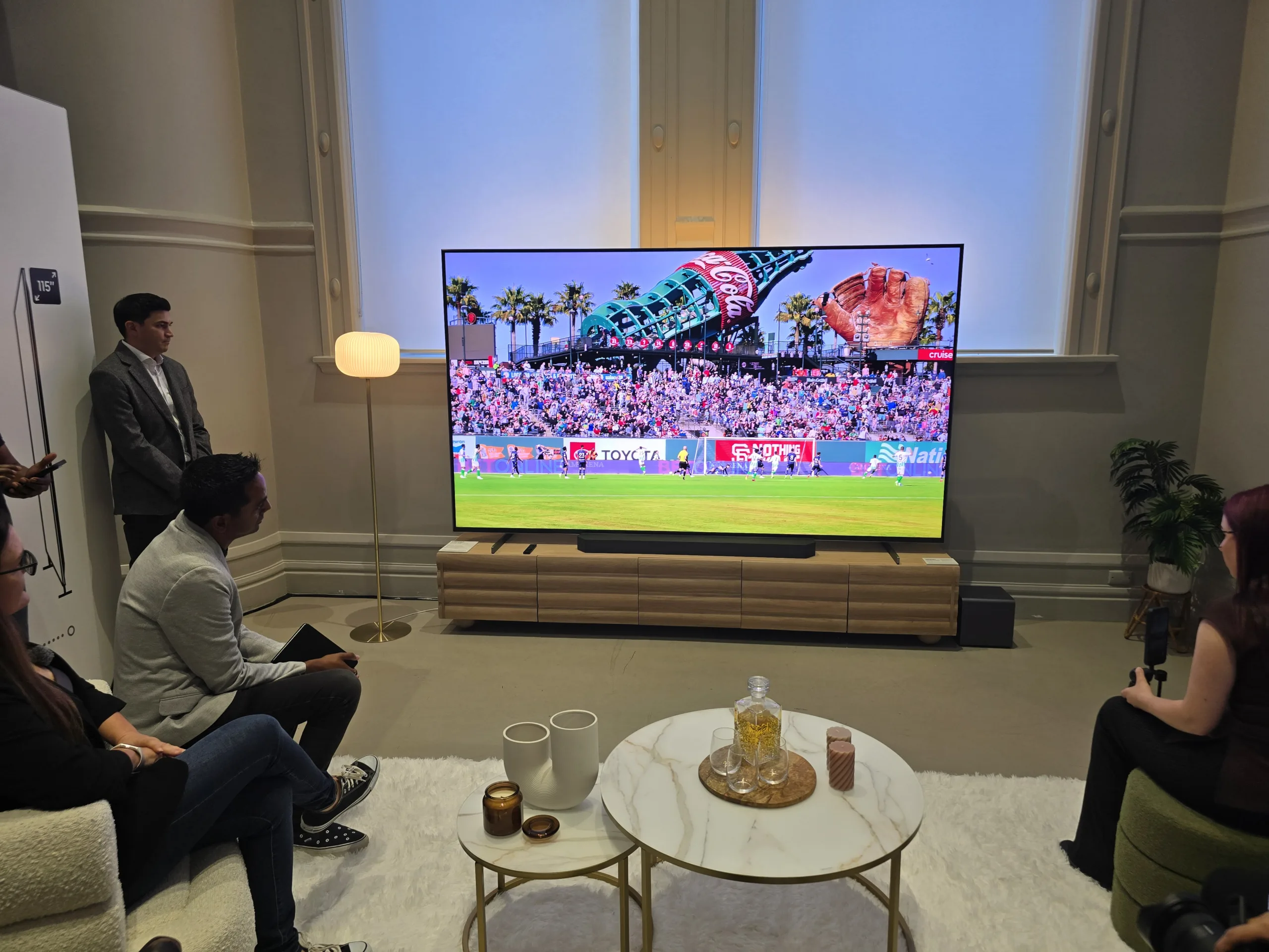 The 115-inch Micro RGB on demonstration at the Sydney launch. At nearly two metres wide, the panel produces colour and contrast that genuinely fills a room.