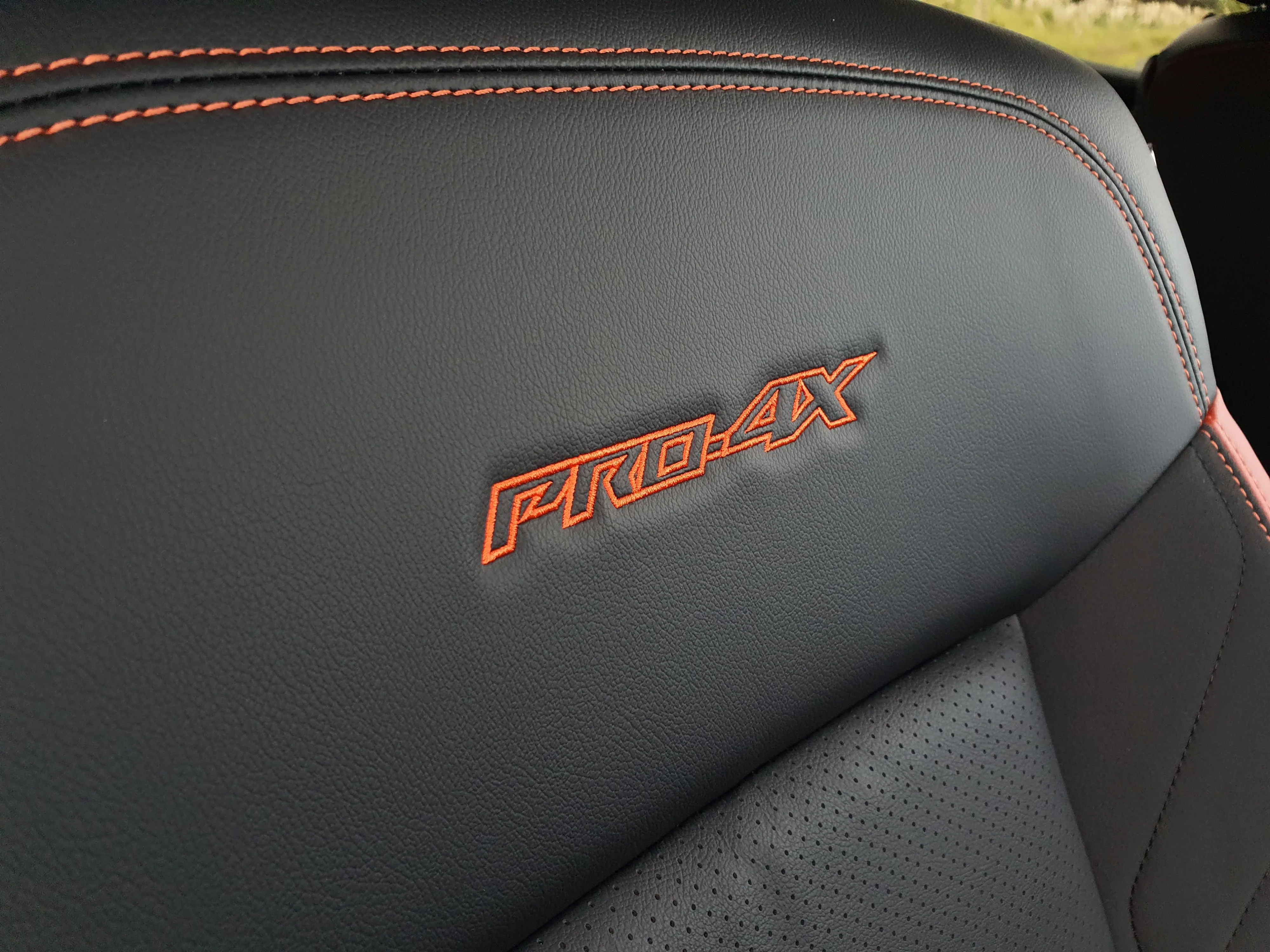 Pro-4X embossing on the seatbacks of a 2026 Nissan Navara Pro-4X.