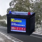 Promotional photo of a Century car battery against the backdrop of New Zealand winter.