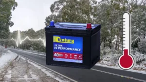 Promotional photo of a Century car battery against the backdrop of New Zealand winter.