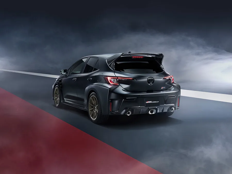 Rear three quarters view of a 2026 Toyota Corolla GRMN.
