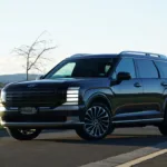 Front left three quarters view of a 2026 Hyundai Palisade Calligraphy in Ecotronic Grey Pearl. Photo taken by Harry de Souza.