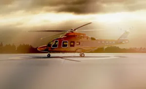 A photo of the 'Lexus Flight' helicopter on a helipad.