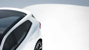 A teaser image of the rear three quarters of Polestar's new 4 SUV in white.