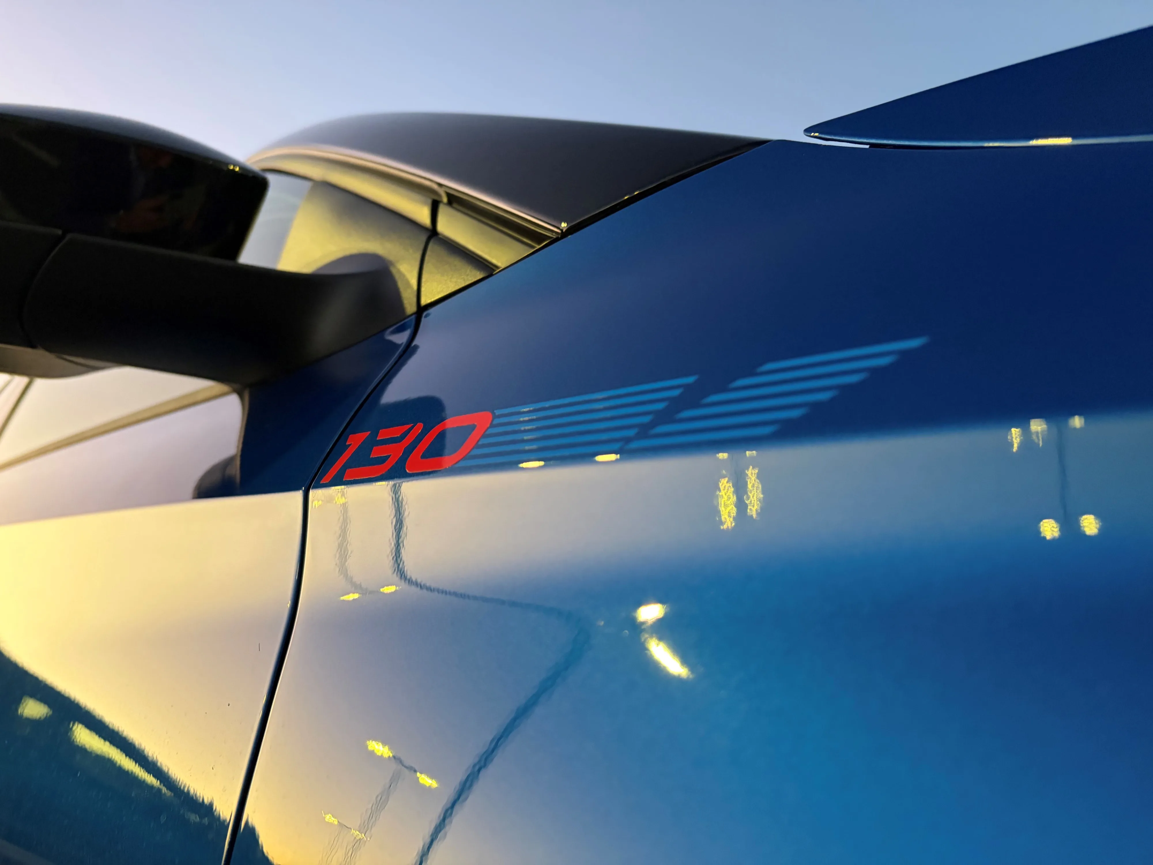 Close-up of the 130 sticker on the right side of a 2026 Skoda Fabia 130 in Race Blue Metalic.