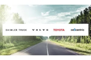 A photo of the Daimler Truck, Volvo, Toyota and cellcentric logos.
