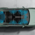 Photo of sound waves transmitting on the inside of a Porsche Macan Electric with Burmester audio.
