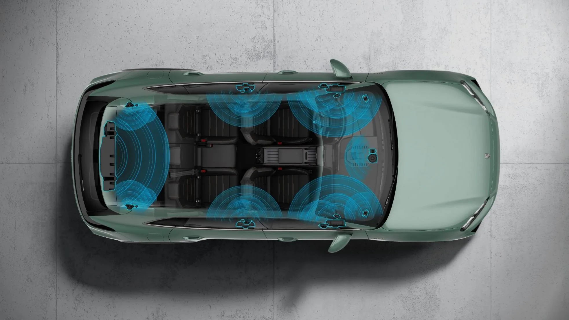 Photo of sound waves transmitting on the inside of a Porsche Macan Electric with Burmester audio.