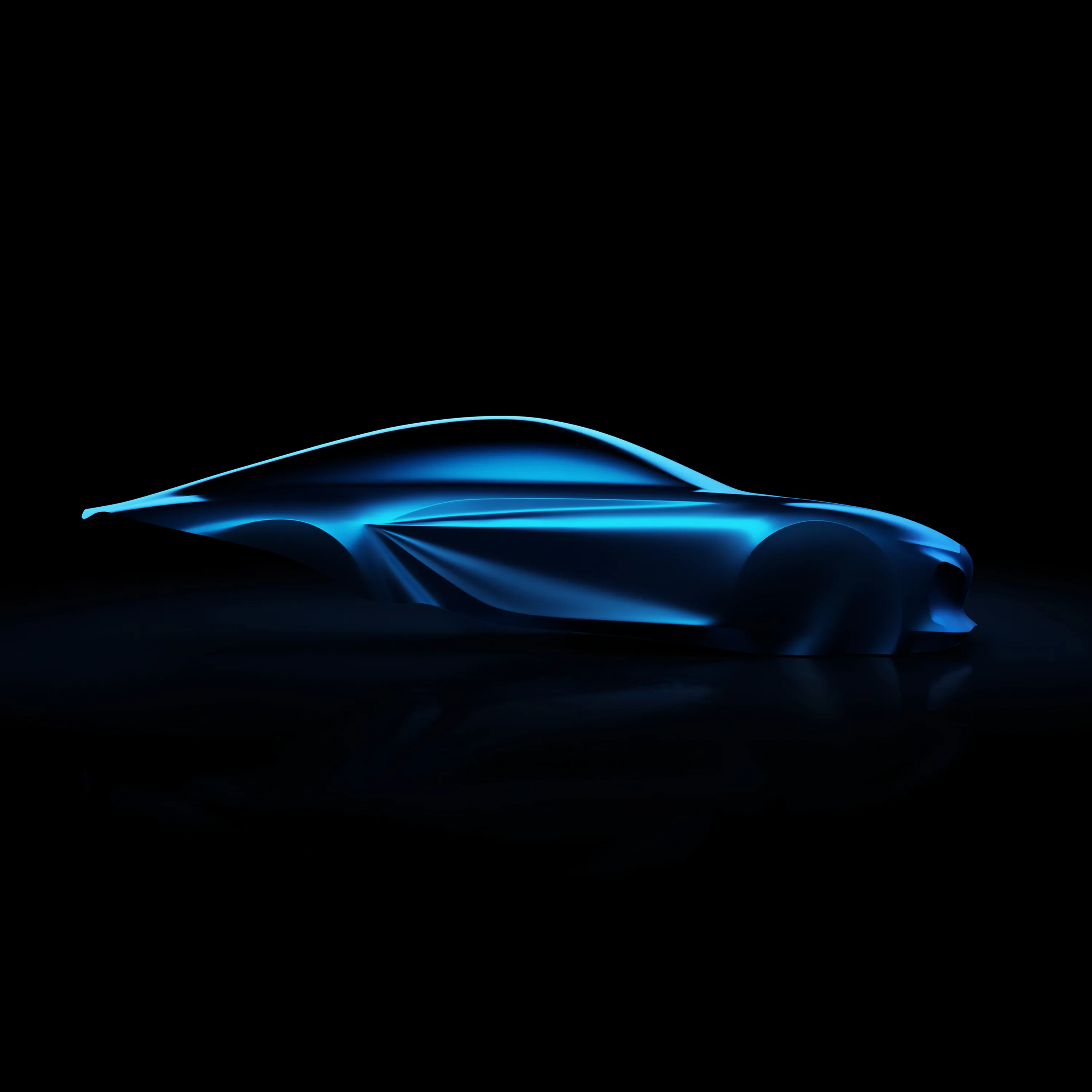Side on view of a sculpture of the third generation Alpine A110.
