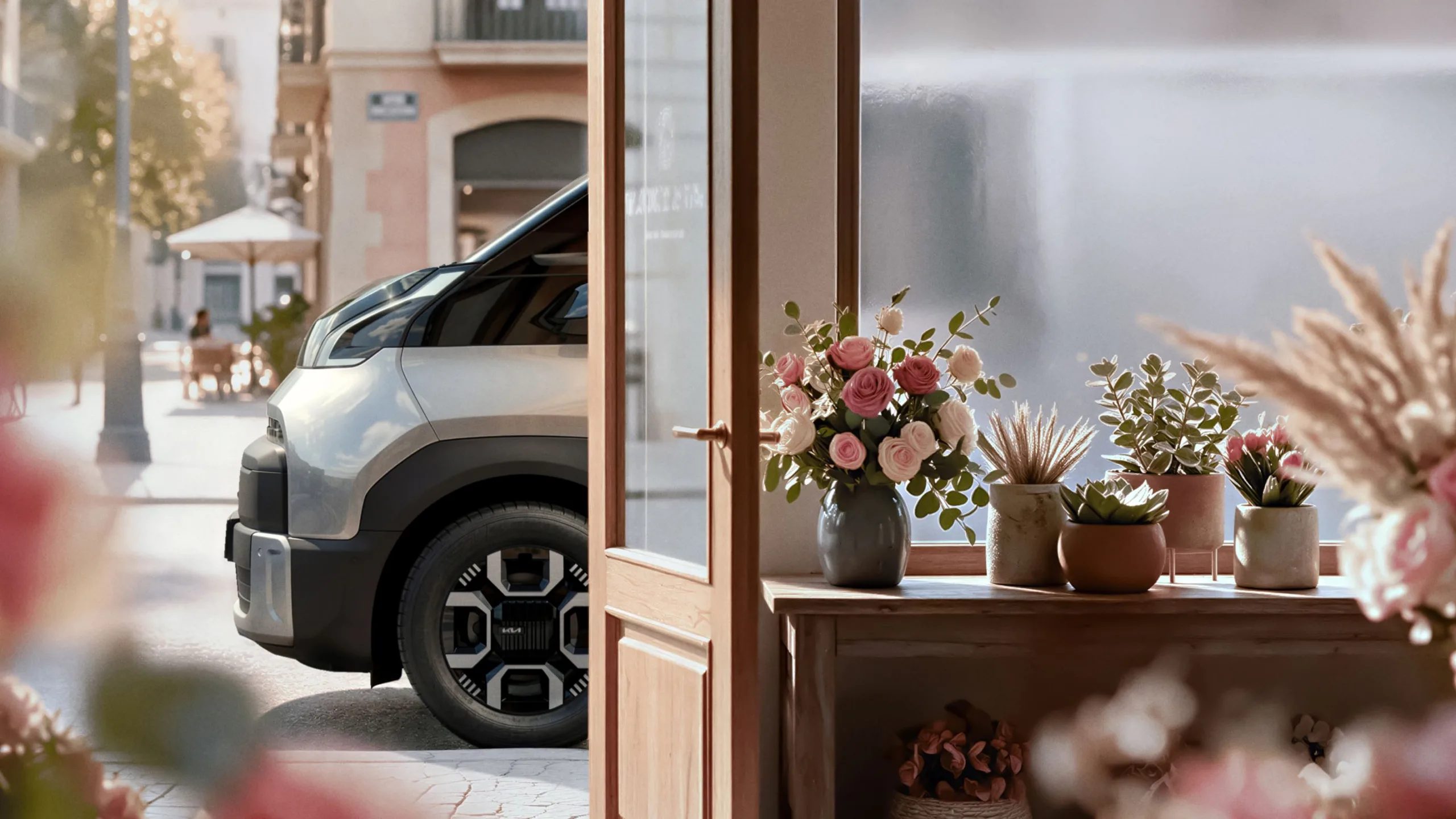Teaser image of the new Kia PV7 in silver, front three quarters view as seen through an open door.