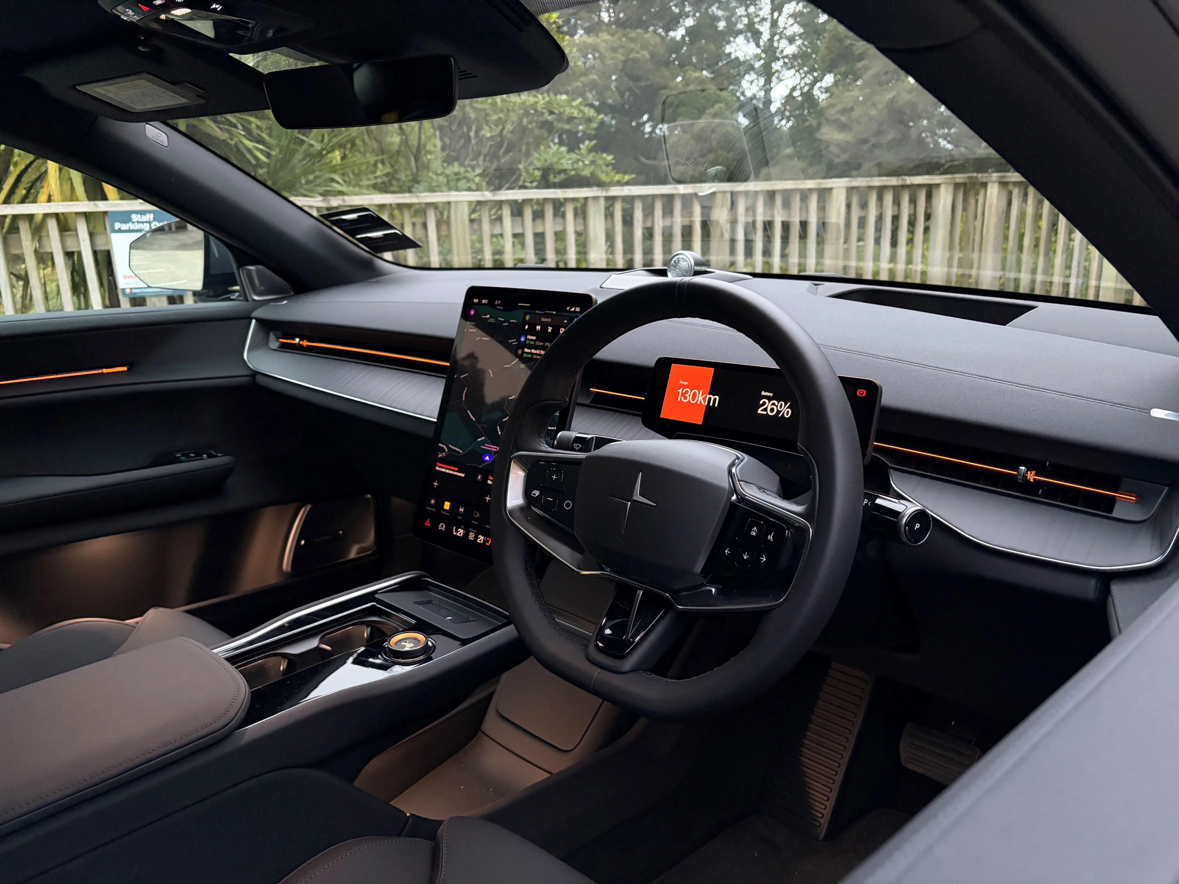 Interior view of a 2026 Polestar 3 Performance, optioned in the 'Bio-attributed MicroTech' material with Aluminium inlays.