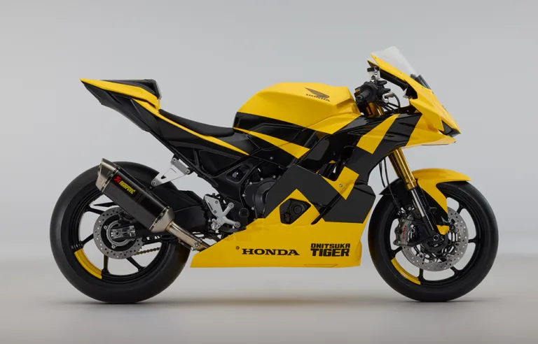 Side on photo of the Onitsuka Tiger Honda Mid Sports Concept Motorbike in yellow.